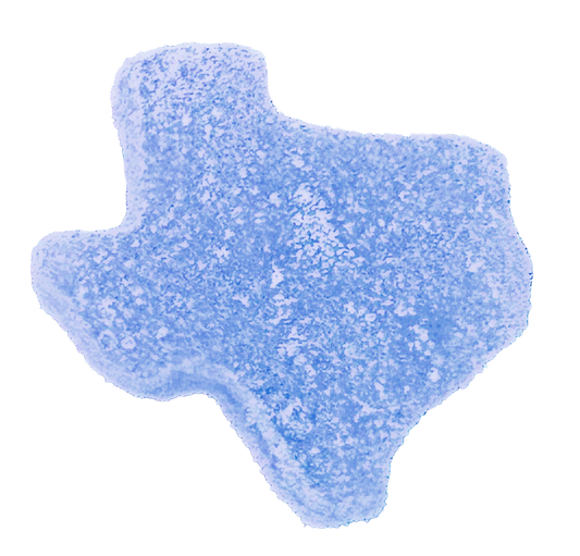 Single Texas-shaped TexaKana Bluebonnet Raspberry THC gummy with sugar coating in soft blue, Lone Star Edition