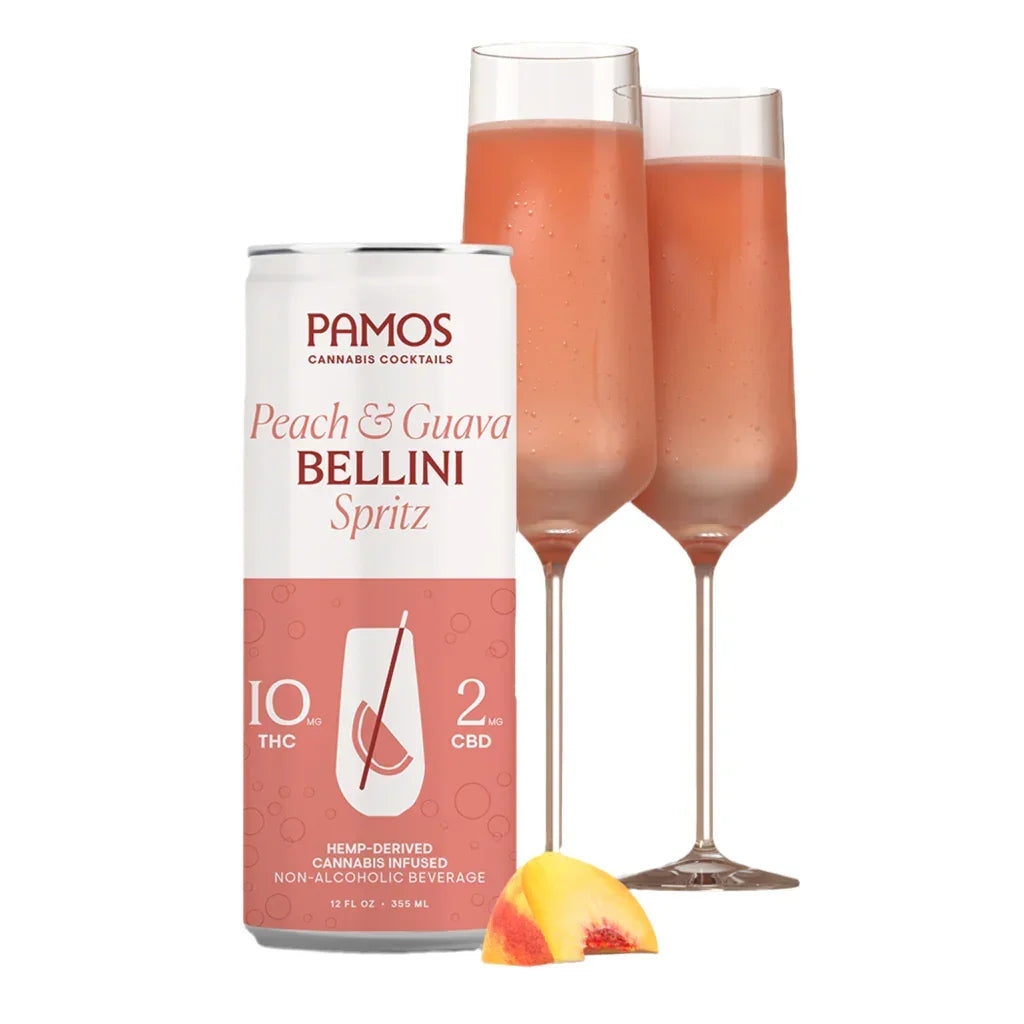Can of Pamos Peach & Guava Bellini Spritz, 10mg THC and 2mg CBD, beside two filled spritz glasses and a fresh peach slice