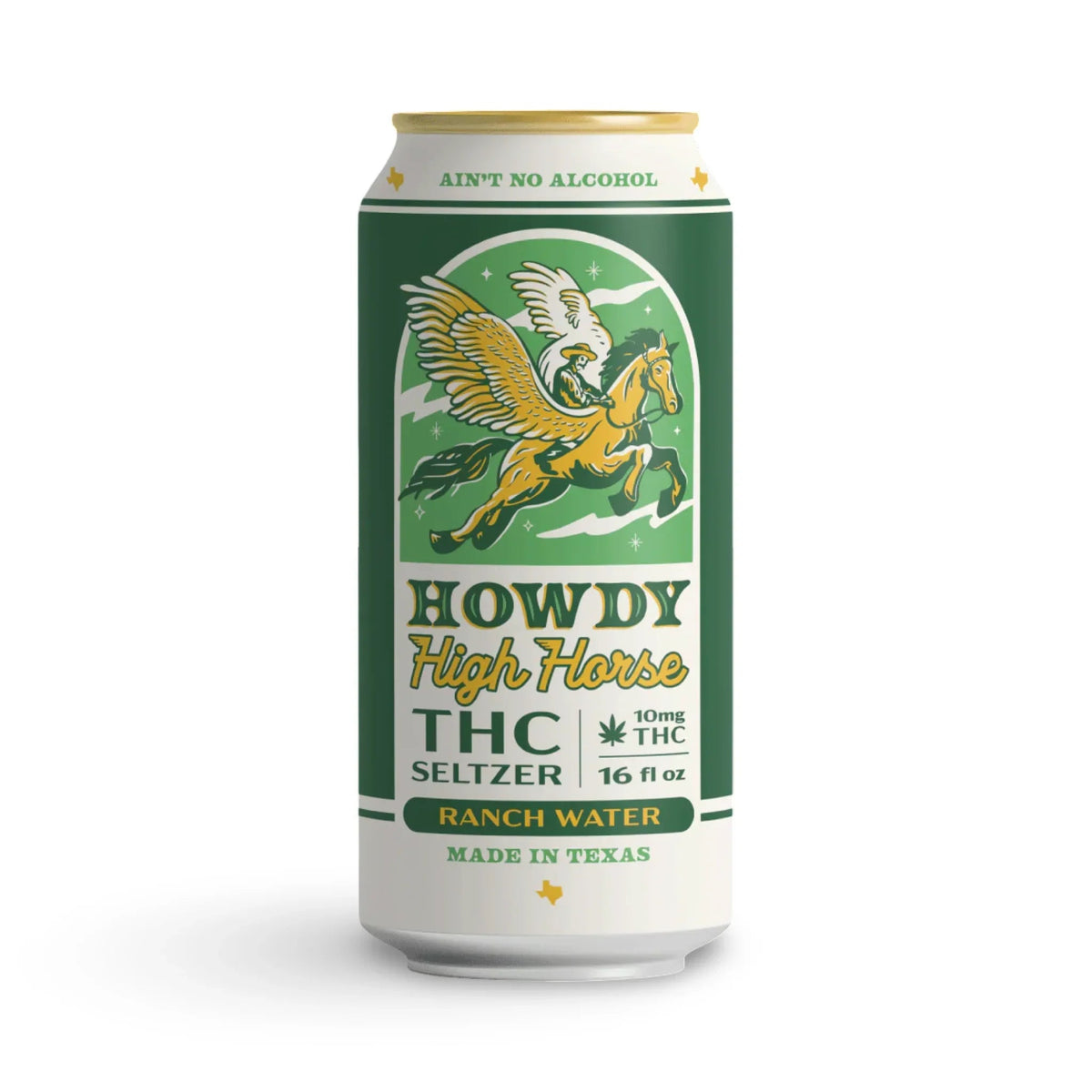 Can of Howdy Ranch Water THC seltzer, green and white label with winged horse, 10mg THC, 16 fl oz, made in Texas