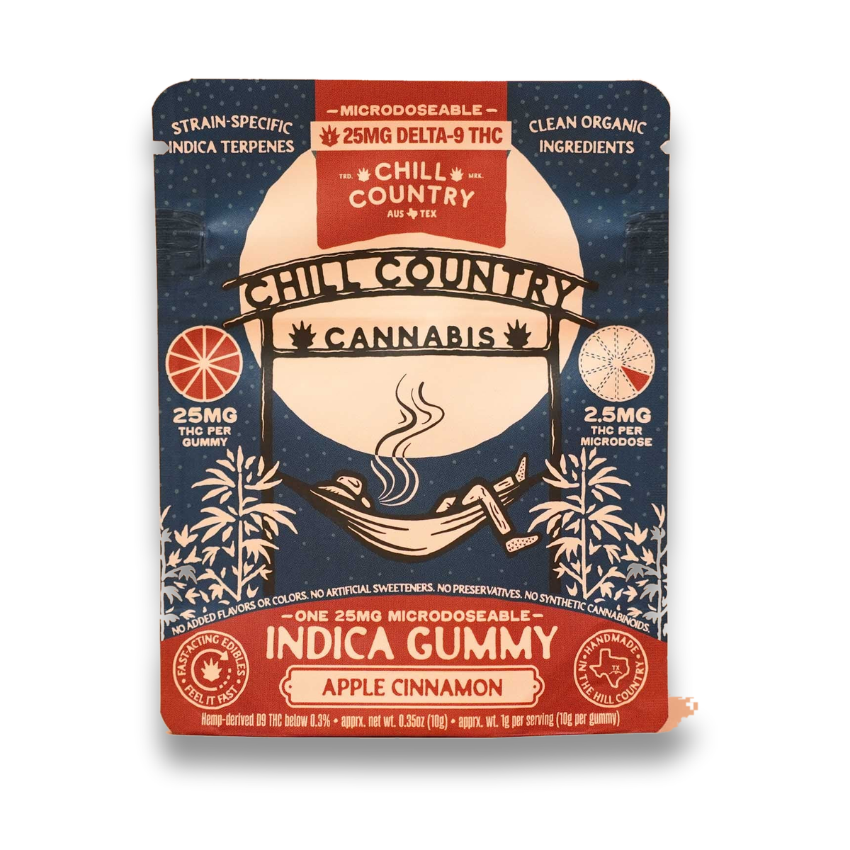 Front of Chill Country Apple Cinnamon single indica gummy pouch, microdoseable 25mg THC, Texas hemp variety