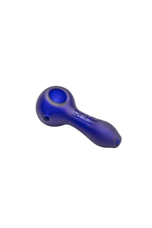 Blue 4 inch GRAV sandblasted classic spoon glass hand pipe with matte finish, bowl, and side carb hole