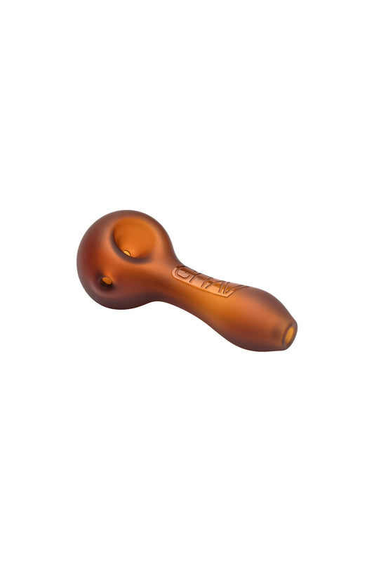Frosted amber GRAV sandblasted classic spoon glass hand pipe shown at an angle with bowl, side carb hole, and embossed GRAV logo