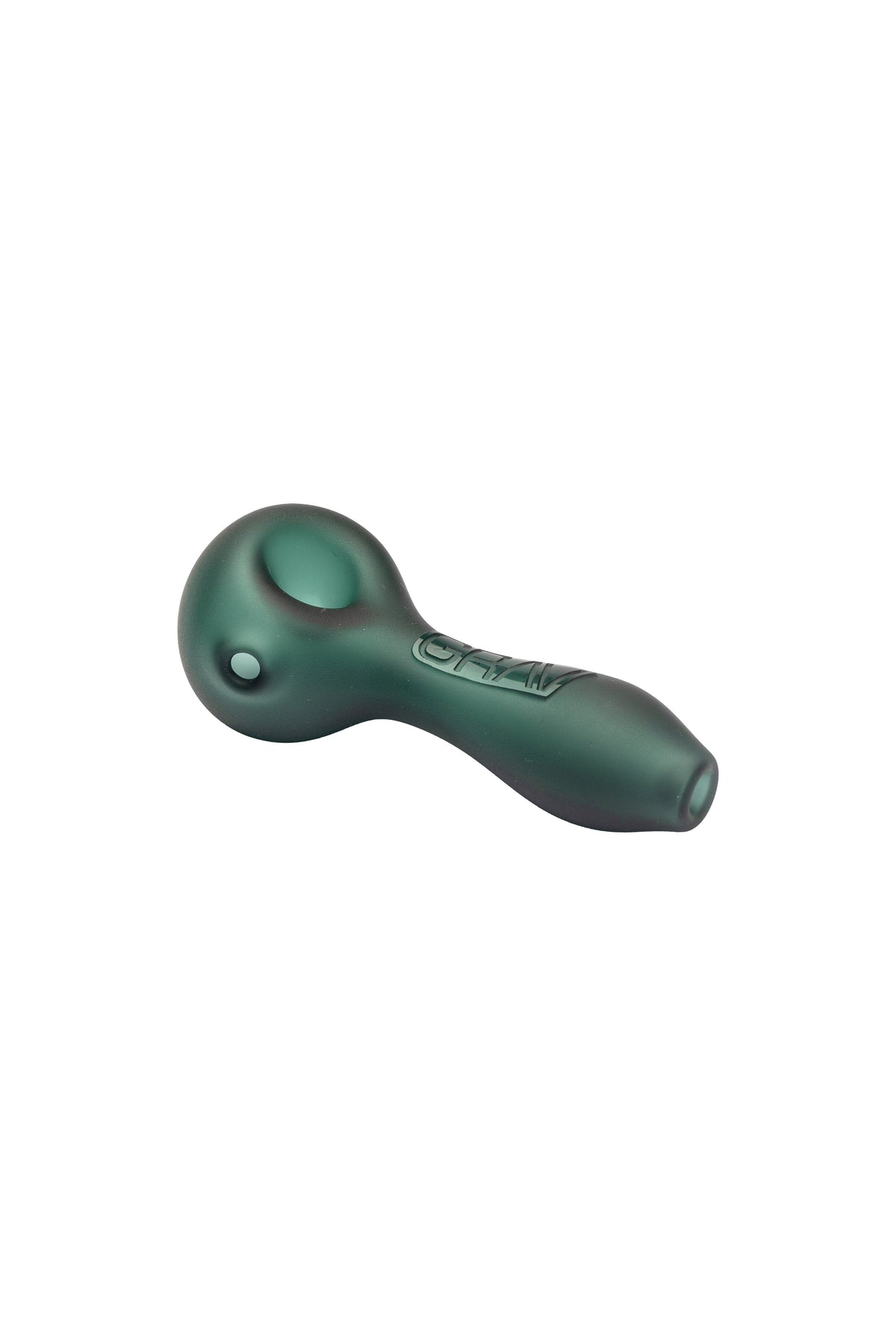 GRAV Sandblasted Classic Spoon hand pipe in matte Lake Green glass, side view showing bowl, carb hole, and logo