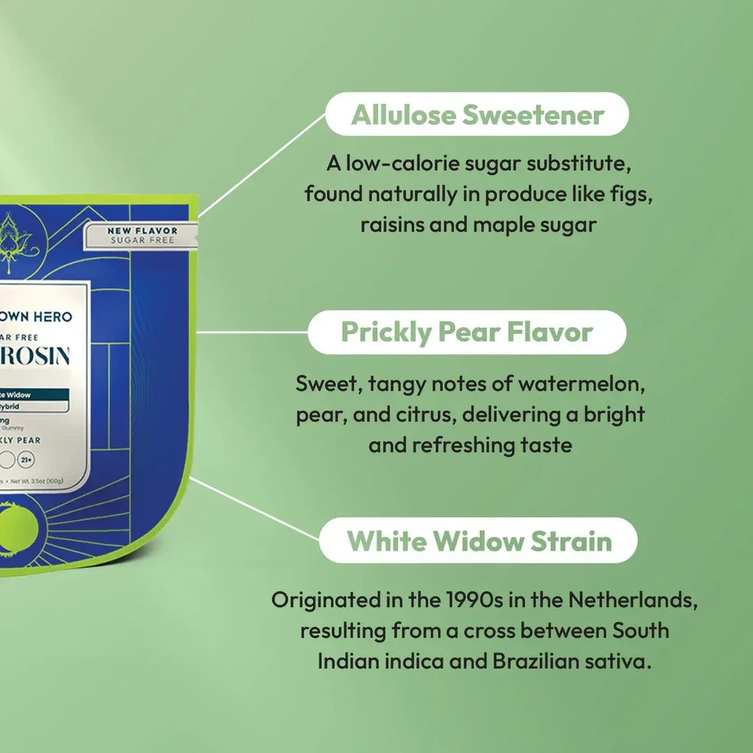 Hometown Hero Live Rosin pack with allulose, Prickly Pear flavor and White Widow variety callouts