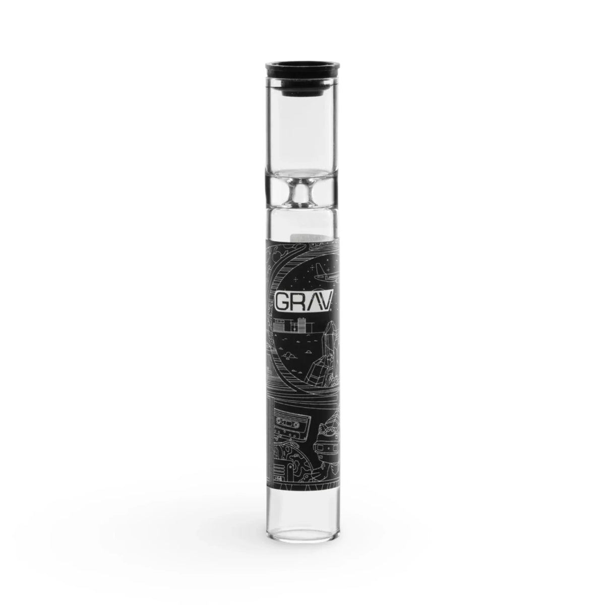 Clear GRAV 12mm Taster glass pipe with black mouthpiece and black space themed GRAV label, upright on white