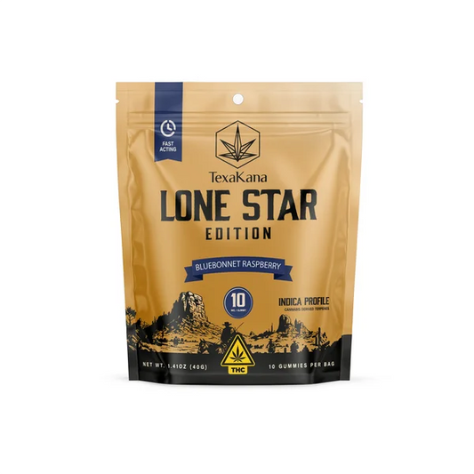 Front of TexaKana Lone Star Edition Bluebonnet Raspberry gummies pouch, 10mg THC each, 100mg per bag, 10 gummies
