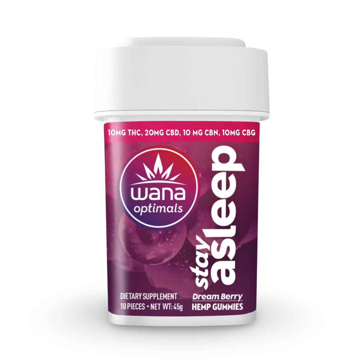 Container of Wana Optimals Stay Asleep Dream Berry hemp gummies, 10 pieces with 10mg THC, 20mg CBD, CBN and CBG
