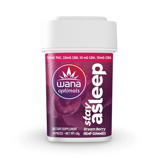 Container of Wana Optimals Stay Asleep Dream Berry hemp gummies, 10 pieces with 10mg THC, 20mg CBD, CBN and CBG