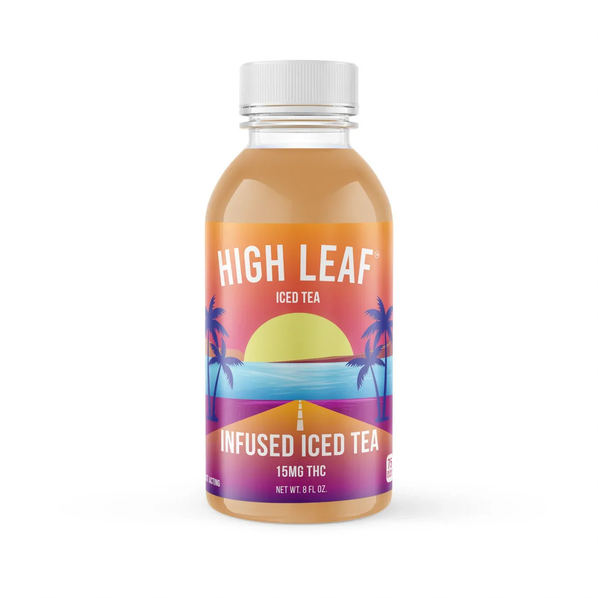 Single bottle of High Leaf Iced Tea, 15mg THC infused iced tea, 8 fl oz, sunset palm label on white studio background