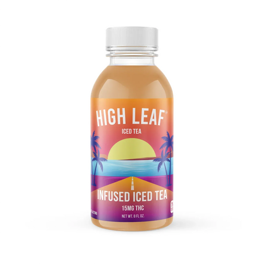 Single bottle of High Leaf Iced Tea, 15mg THC infused iced tea, 8 fl oz, sunset palm label on white studio background
