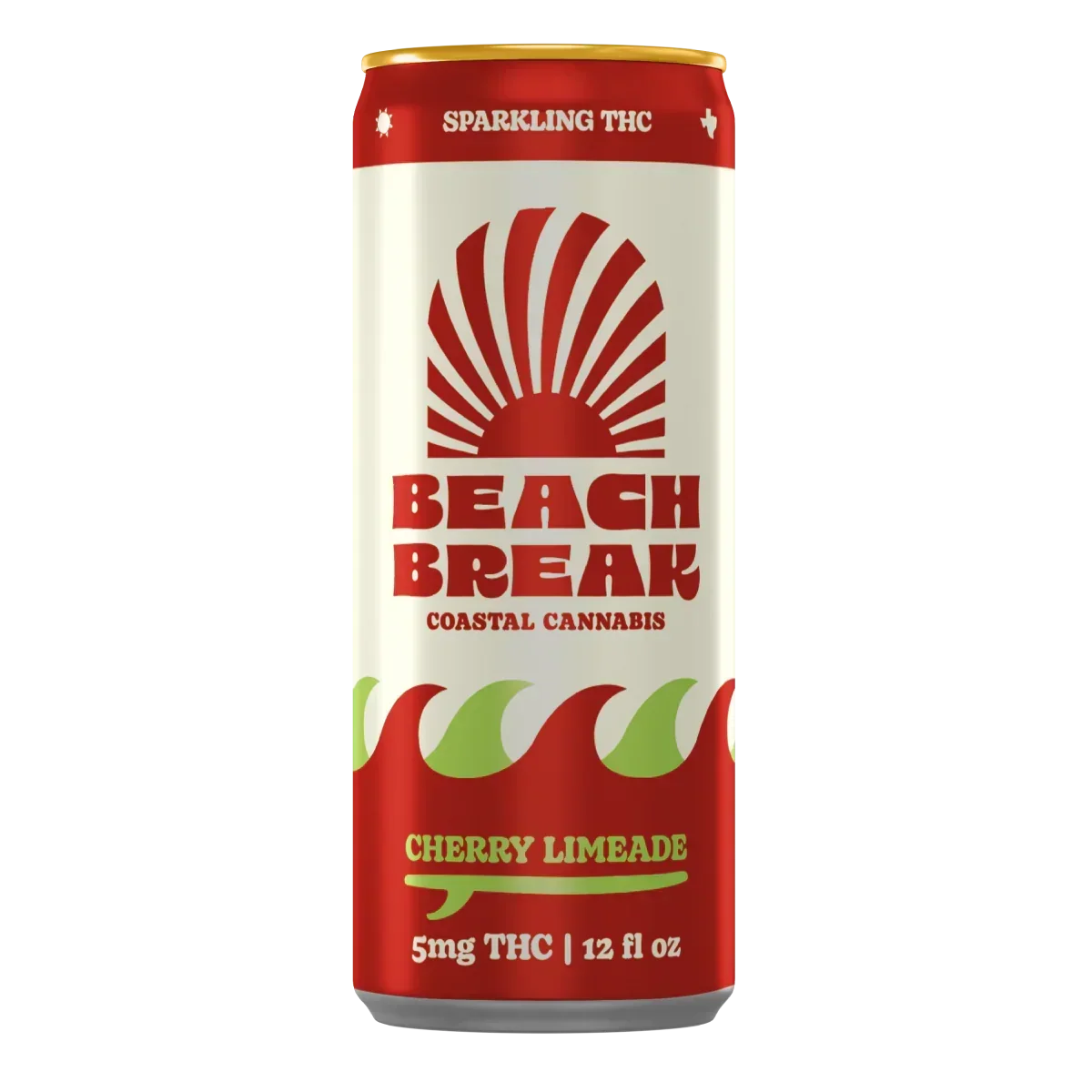 Single 12 fl oz can of Beach Break Cherry Limeade sparkling THC drink, 5mg THC, with red sunrise and wave label