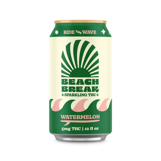 Can of Beach Break Watermelon sparkling THC drink, 5mg THC, 12 fl oz, green and cream sunburst label front