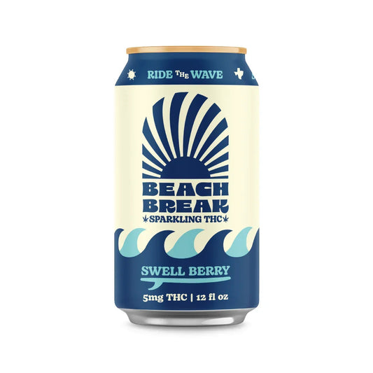 Front of a Beach Break Swell Berry sparkling THC can, 5mg THC, 12 fl oz, with navy sunburst and wave logo