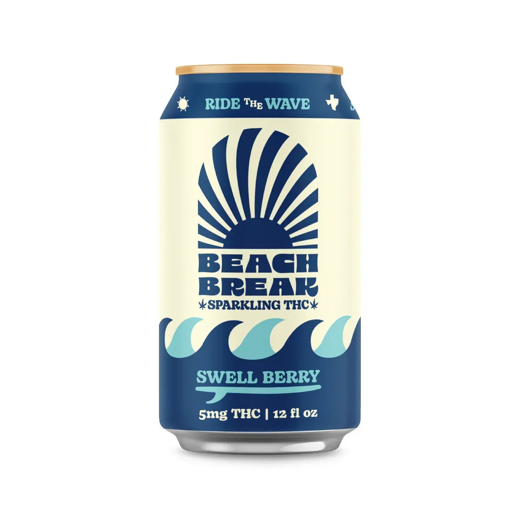 Front of a Beach Break Swell Berry sparkling THC can, 5mg THC, 12 fl oz, with navy sunburst and wave logo