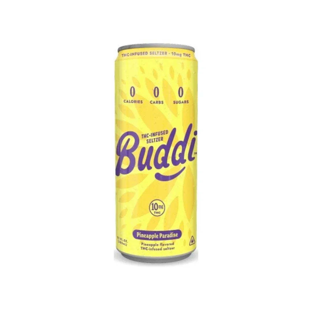 Yellow can of Buddi Pineapple Paradise THC-infused seltzer, 10mg THC, 0 calories, carbs and sugars on front
