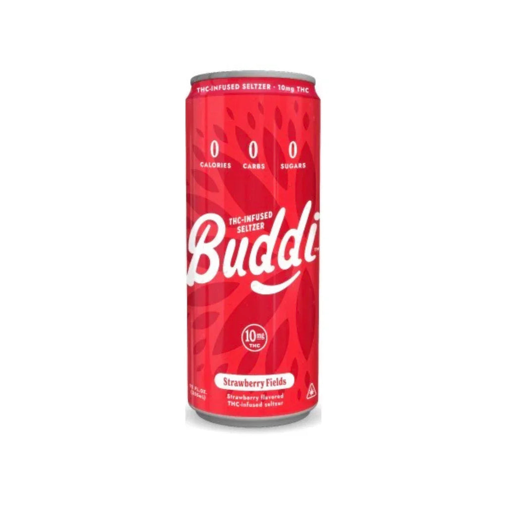 Front of a red Buddi Strawberry Fields 10mg THC infused seltzer can showing 0 calories, 0 carbs, 0 sugars