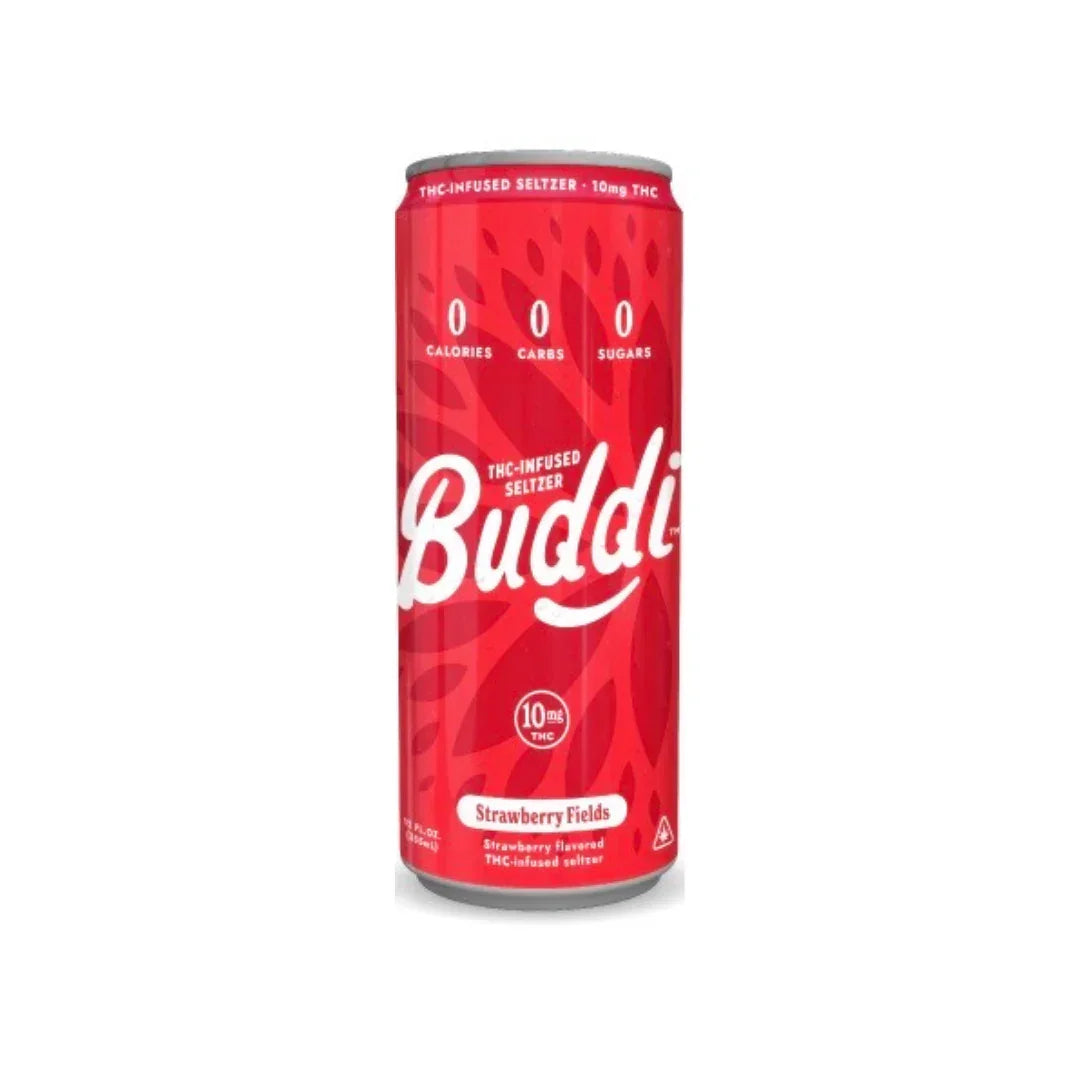 Front of a red Buddi Strawberry Fields 10mg THC infused seltzer can showing 0 calories, 0 carbs, 0 sugars