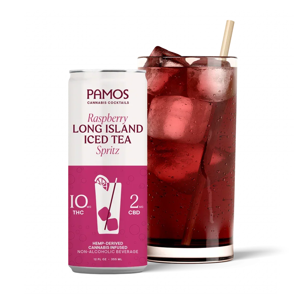 Can of Pamos Raspberry Long Island Iced Tea Spritz, 10mg THC and 2mg CBD, beside a tall glass over ice