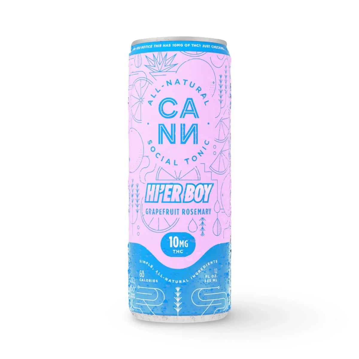 Single can of Cann Hi'er Boy Grapefruit Rosemary social tonic, 10mg THC, front label, 60 calories, 12 fl oz.