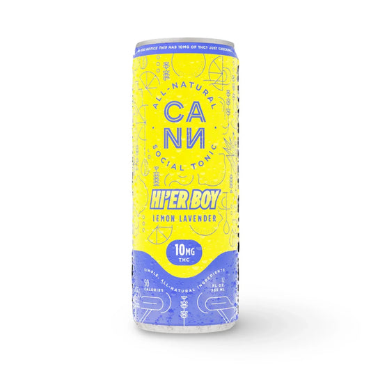 Can of Cann Hi'er Boy Lemon Lavender social tonic, 10mg THC, front label upright on white background