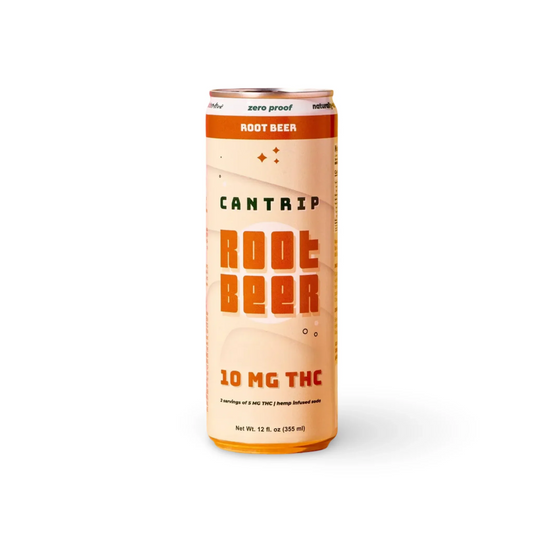 Front of a Cantrip Root Beer hemp infused soda can, 10mg THC, single 12 fl oz can with cream and orange label