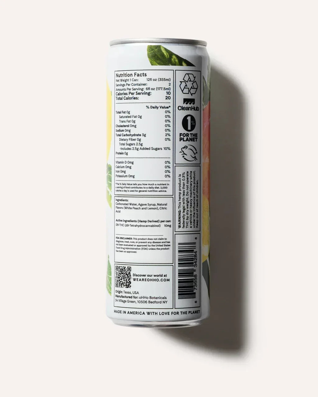 Back of oHHo White Peach and Lemon seltzer can, Nutrition Facts and ingredients panel listing 10mg THC per can.