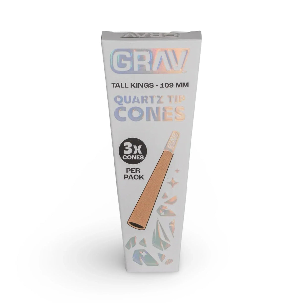 Front of GRAV Tall Kings 109mm Quartz Tip Cones box, 3 cones per pack, with a cone shown on the holographic packaging.