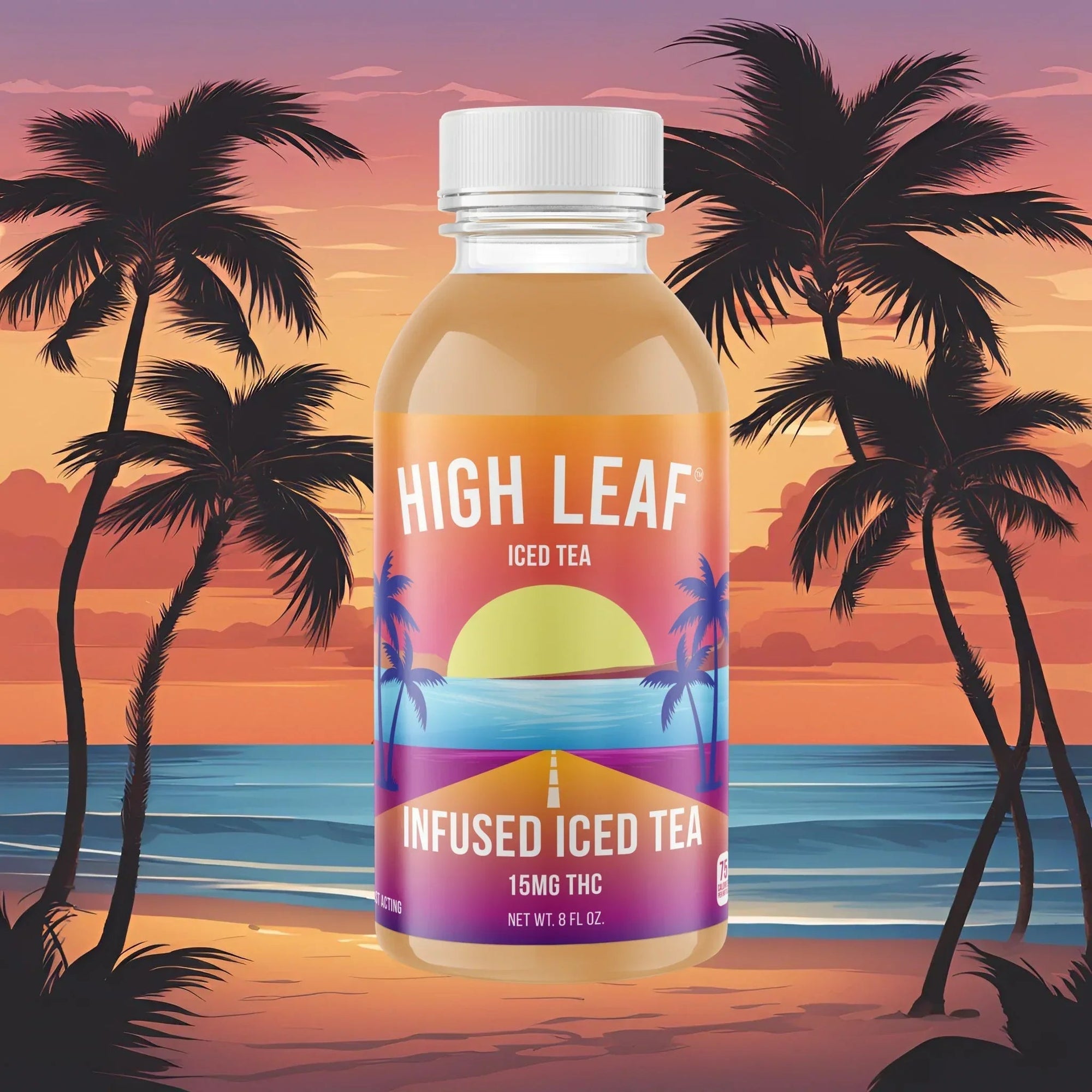 Bottle of High Leaf Iced Tea, 15mg THC infused iced tea, 8 fl oz, shown against an illustrated beach sunset with palm trees