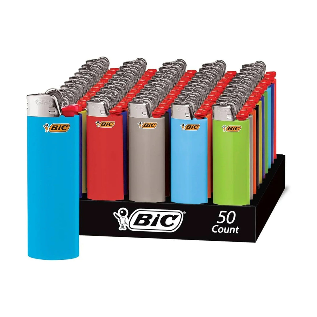 BIC pocket lighter 50 count retail display tray with assorted colors, blue red gray and green lighters in front.