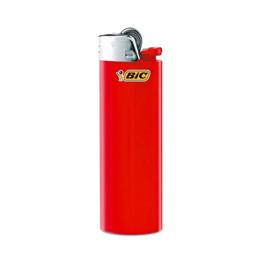 Single red BIC pocket lighter standing upright, showing the BIC logo and metal striker hood.