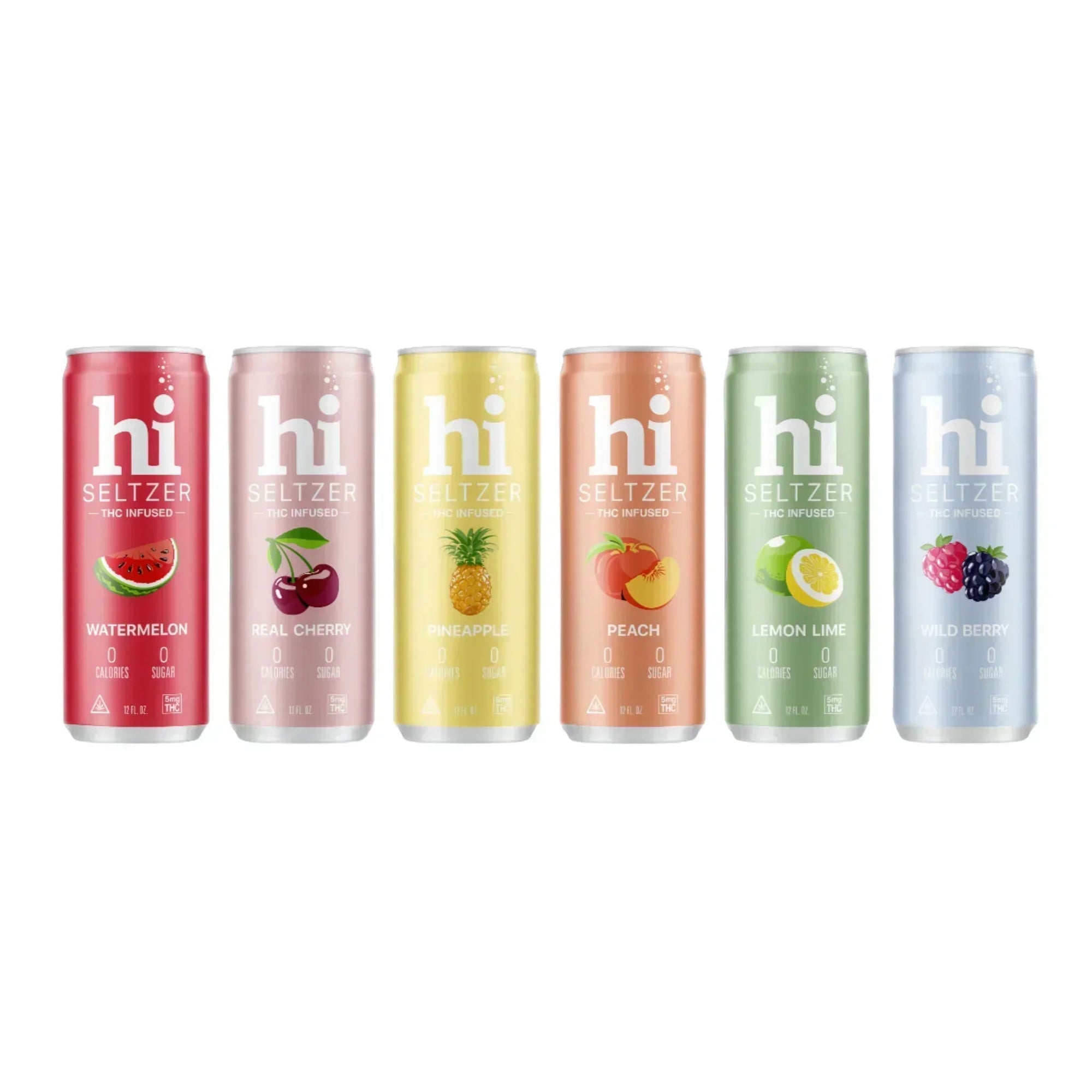 Lineup of six Hi Seltzer THC infused cans including Peach, with Watermelon, Cherry, Pineapple, Lemon Lime and Wild Berry