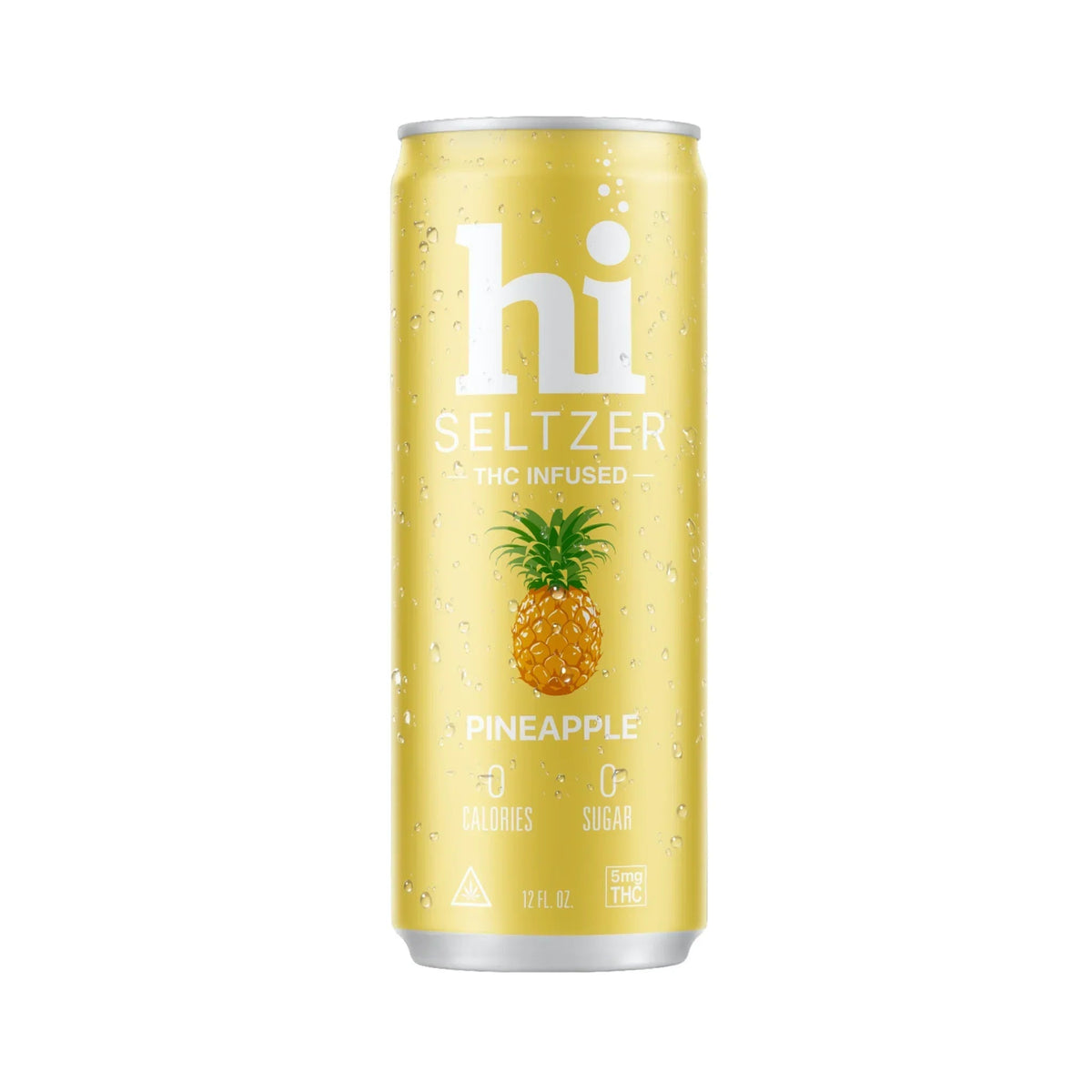 Can of Hi Seltzer Pineapple THC infused beverage, 5mg THC, 12 fl oz, 0 calories and 0 sugar, water-beaded yellow can