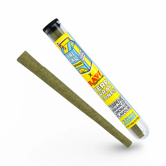 RAW Lyrical Lemonade Pressed Bud Cones, a 2 cone tube with one terpene wrap lemonade variety cone beside it