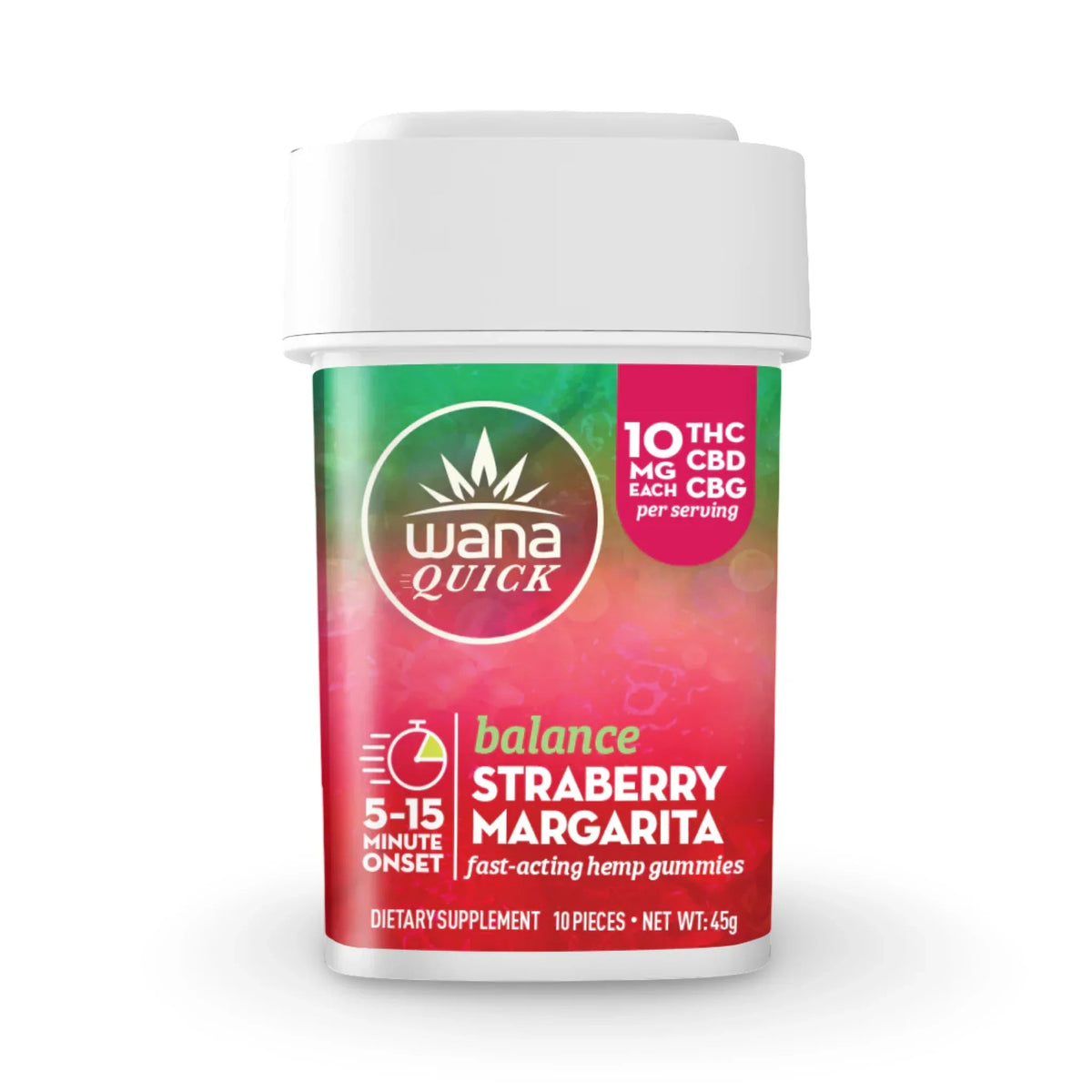 White tub of Wana Quick Balance Strawberry Margarita hemp gummies, 10mg THC, CBD and CBG each, 10 pieces, 45g