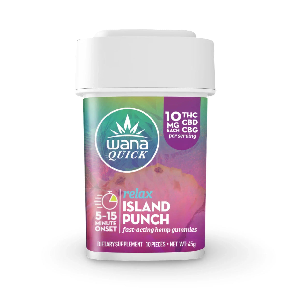 White tub of Wana Quick Relax Island Punch hemp gummies, 10mg THC, CBD and CBG each, 10 pieces, 45g