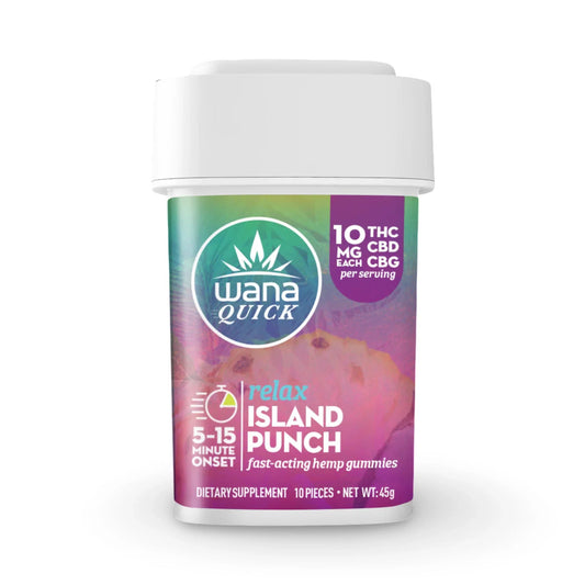 White tub of Wana Quick Relax Island Punch hemp gummies, 10mg THC, CBD and CBG each, 10 pieces, 45g
