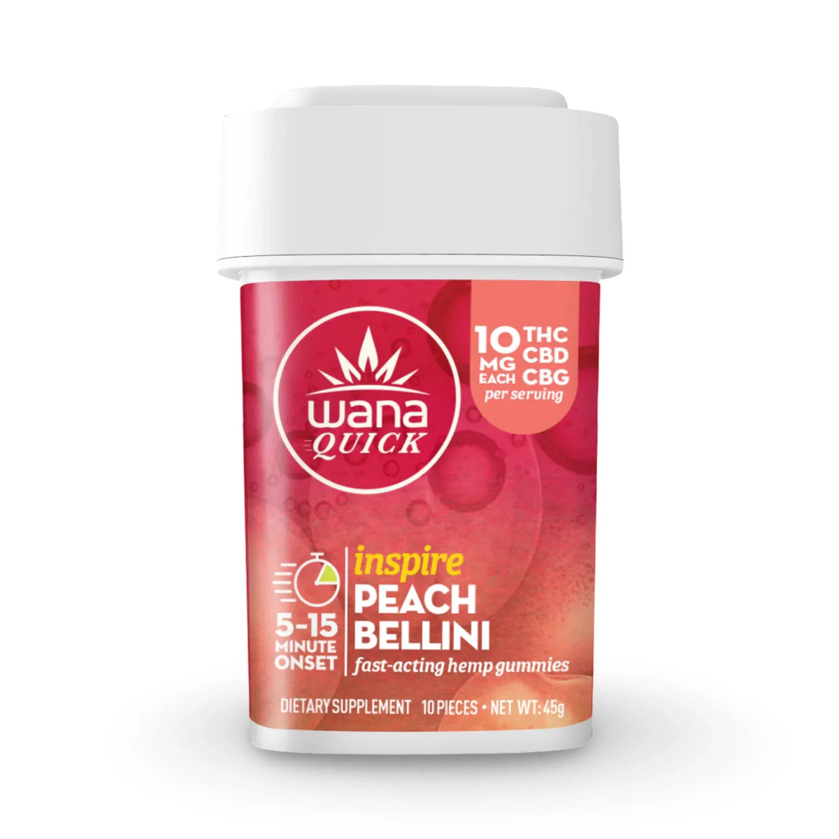 White tub of Wana Quick Inspire Peach Bellini fast-acting hemp gummies, 10mg THC CBD CBG each, 10 pieces