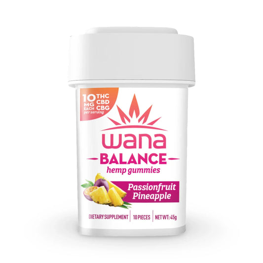 White tub of Wana Balance Passionfruit Pineapple hemp gummies, 300mg total, 10mg THC CBD CBG each, 10 pieces