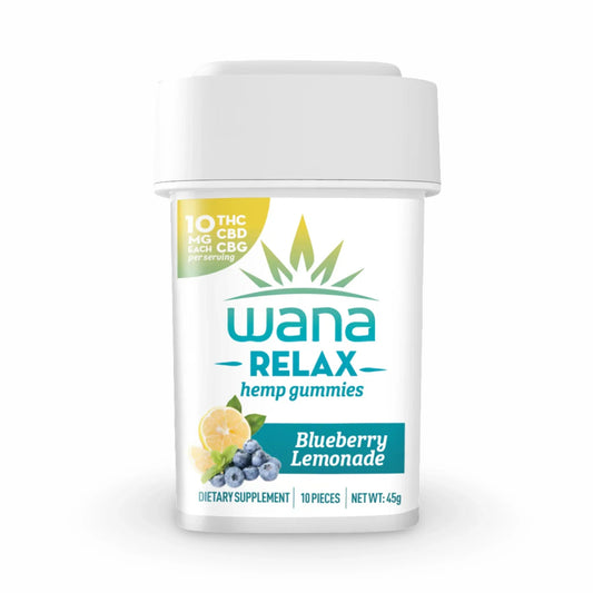 White tub of Wana Relax Blueberry Lemonade hemp gummies, 300mg total, 10mg THC CBD CBG each, 10 pieces