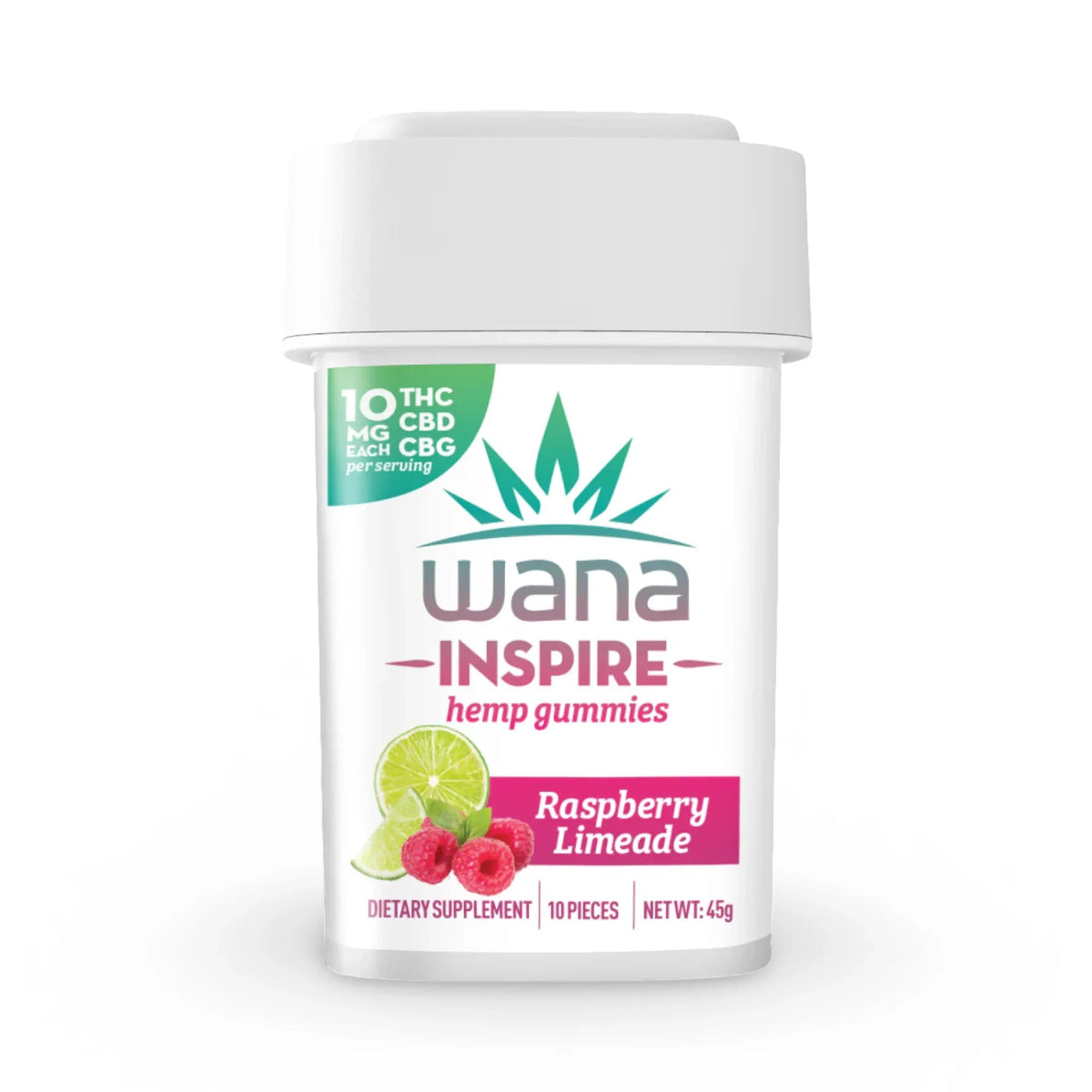 White tub of Wana Inspire Raspberry Limeade hemp gummies, 10 pieces with 10mg THC, CBD and CBG each per serving