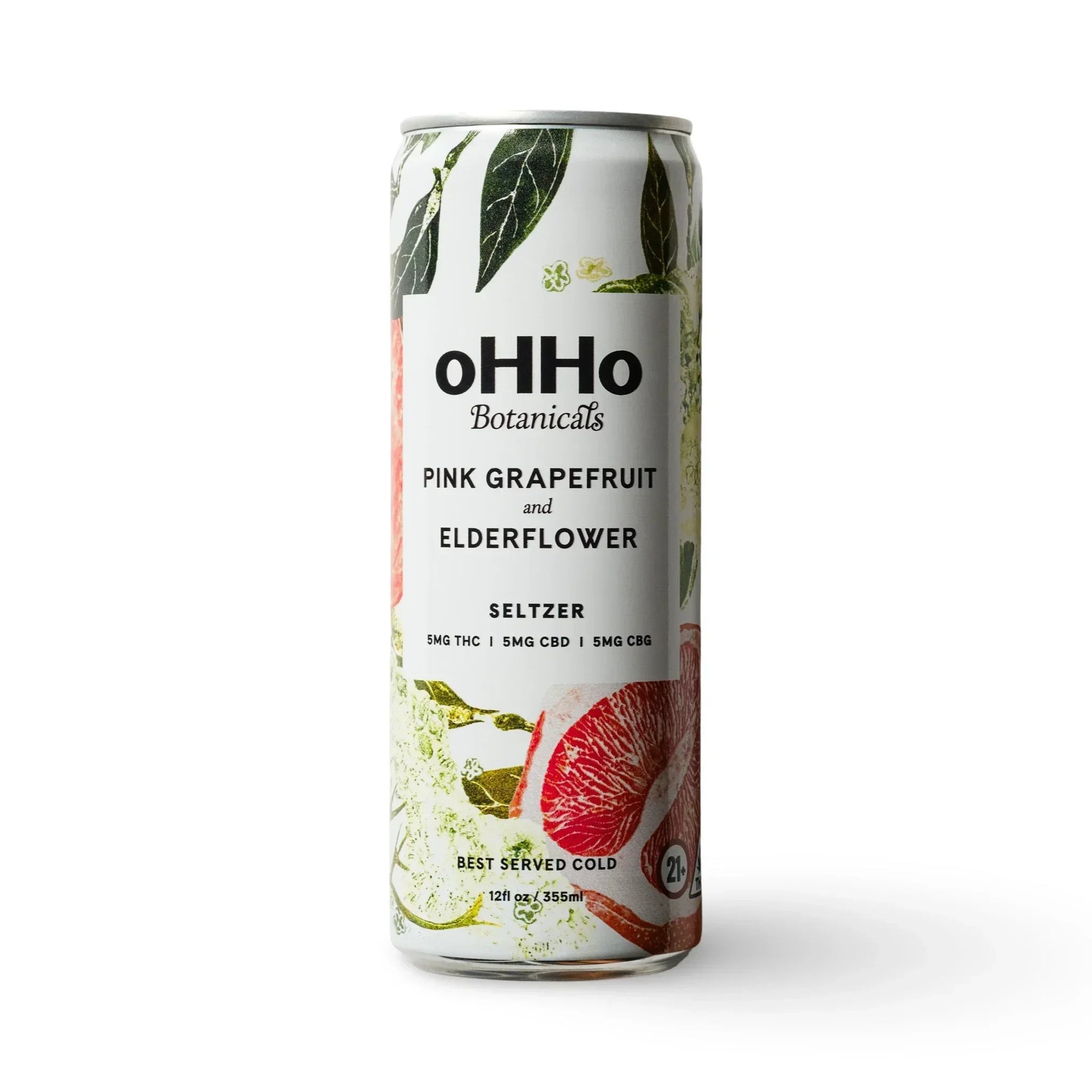 Single can of oHHo Botanicals Pink Grapefruit and Elderflower THC seltzer, 5mg THC, 5mg CBD, 5mg CBG, 12fl oz