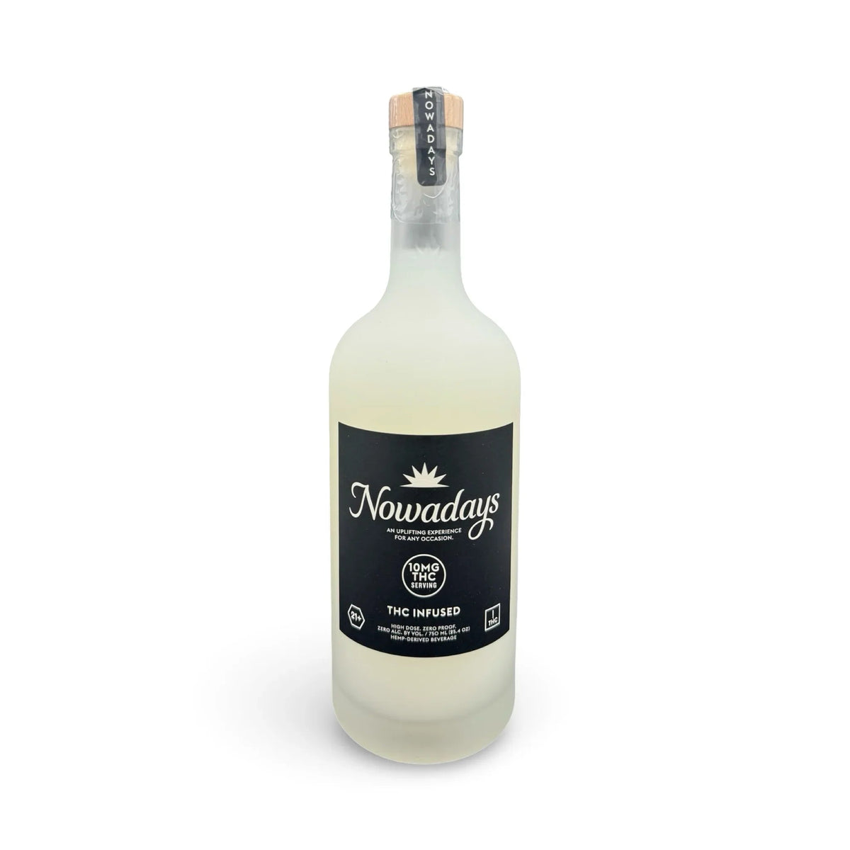 Frosted bottle of Nowadays High Dose 166mg THC infused beverage, front black label with white sunburst logo, 10mg THC per serving