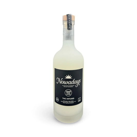 Frosted bottle of Nowadays High Dose 166mg THC infused beverage, front black label with white sunburst logo, 10mg THC per serving