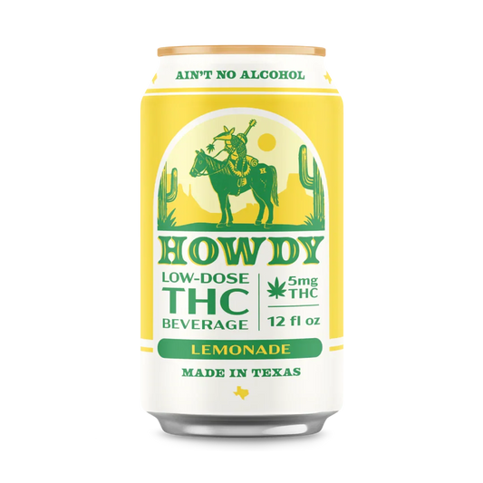 Front of Howdy Lemonade low-dose THC seltzer can, 5mg THC, 12 fl oz, with western armadillo rider logo, made in Texas