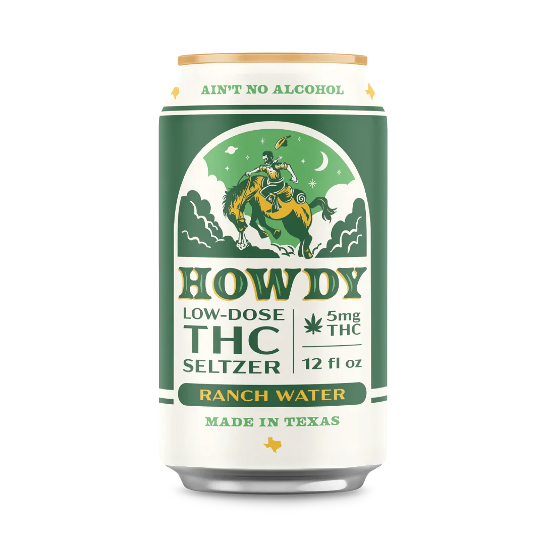 Can of Howdy Ranch Water low-dose THC seltzer, 5mg THC, 12 fl oz, with bronco rider logo, made in Texas
