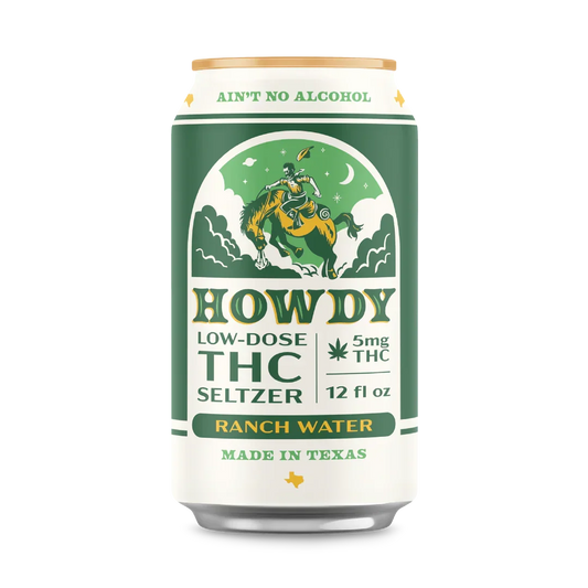 Can of Howdy Ranch Water low-dose THC seltzer, 5mg THC, 12 fl oz, with bronco rider logo, made in Texas