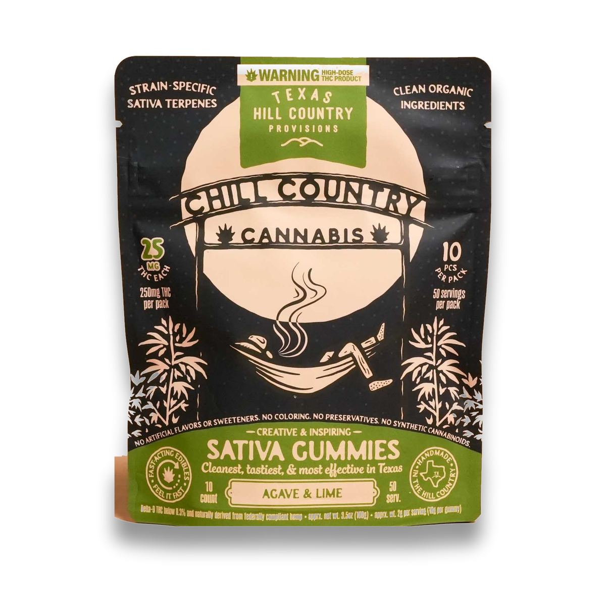 Front of Chill Country Agave & Lime Sativa gummies pouch, 10ct bag, 250mg THC plus CBD and CBG