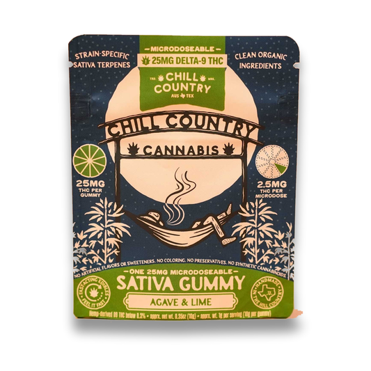 Front of Chill Country Agave & Lime sativa gummy pouch, microdoseable 25mg THC single, hammock sunset art