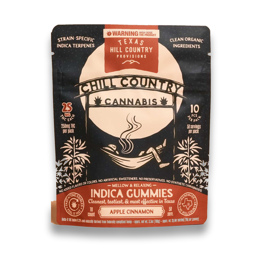 Front of Chill Country Apple Cinnamon indica gummies pack, 10ct bag, 250mg THC per pack, 25mg THC each, Texas hemp
