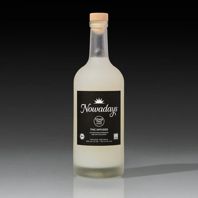Frosted Nowadays High Dose 166mg THC infused 750ml bottle with cork top on a dark gradient backdrop, label facing forward